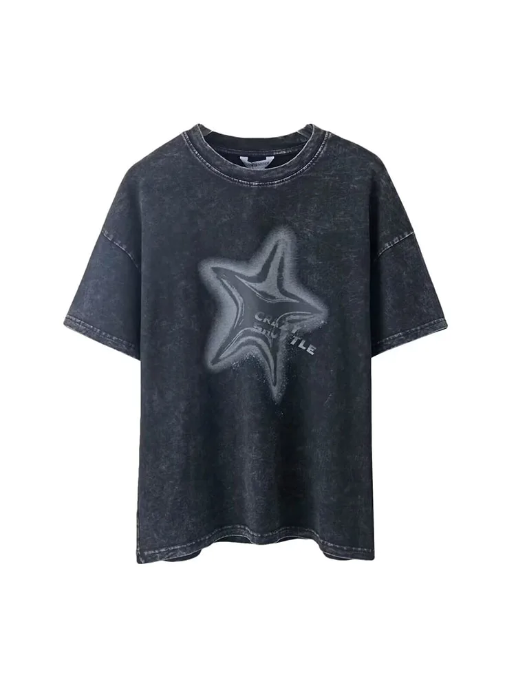 

Топ с круглым вырезом, лето 2024, свободная хлопковая футболка в уличном стиле хип-хоп с принтом звезд и короткими рукавами, Топ