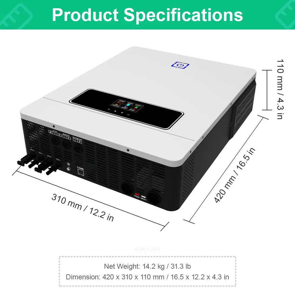 PYROSOLAR MPPT 하이브리드 태양광 인버터, 내장 MPPT 태양광 충전 컨트롤러, 듀얼 PV 입력 태양광 인버터, 48V, 160A, 230VAC, 10.2KW
