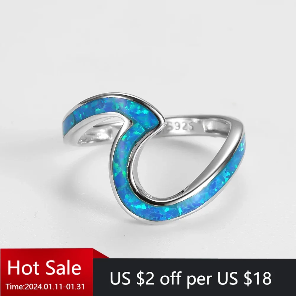 

925 Sterling Silver Blue Opal Wave Irregular Ring for Women Fashion Ocean Fine Jewelry Dating Birthday Party Special Gifts 2023