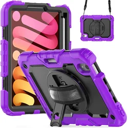 Shockproof Kids iPad Mini Case with Screen Protector, Pencil Holder & 360° Rotating Hand Strap for iPad Mini 7 6 (Purple Black)