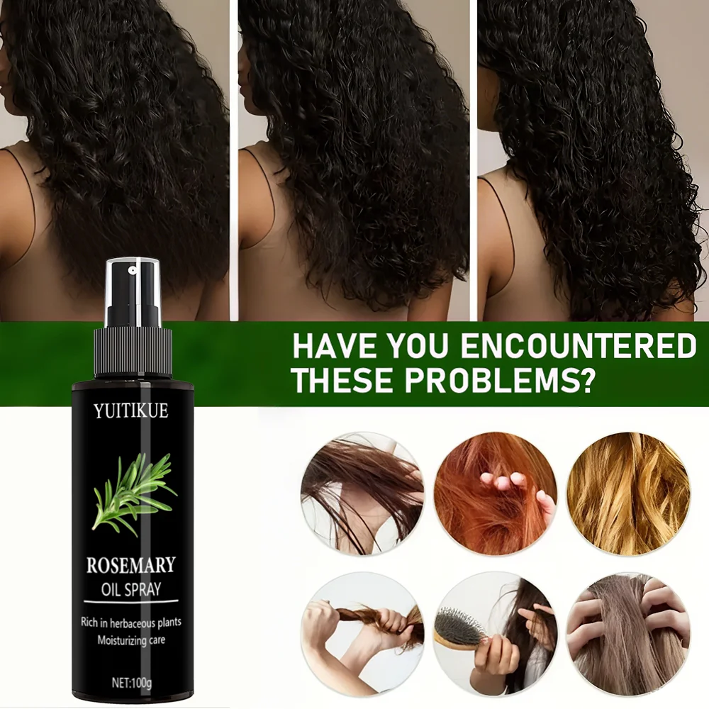 Rosemary hair oil spray, repairs hair damage, prevents hair loss, promotes hair growth, combats dry scalp, and increases shine.