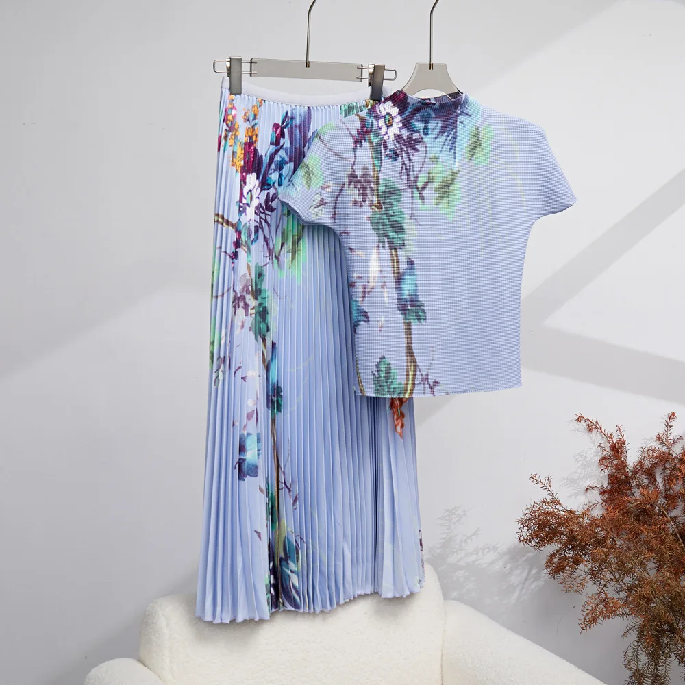 

Miyake Pleated Women's Dress High Quality Printed Short Sleeved and Skirts Japanese Style Slim Elastic Waist Clothing for Lady