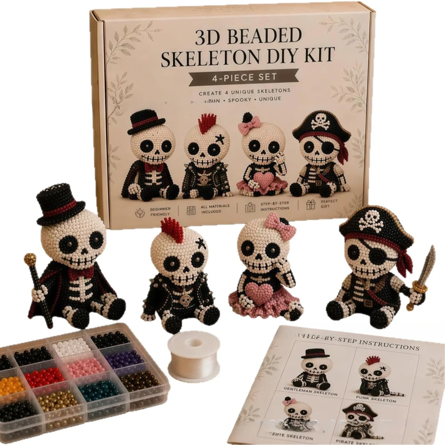Kit Creativo 3D per Scheletri con Perline, Set Artistico Fai-da-Te Unico con Istruzioni, Regalo Perfetto per Bambini e Adulti, Divertente Set da 4 Pezzi - immagine 5
