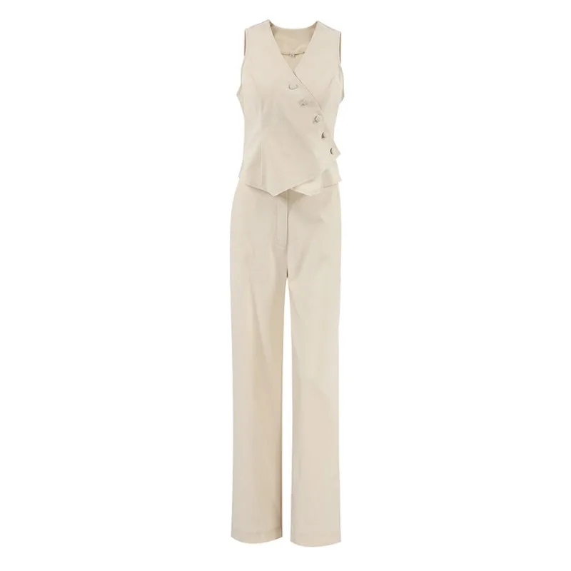 Summer New Cotton Linen Women's Vest Top & High Waist Straight Leg Pants Set Temperament Commuting Female Simple Trousers Ourfit