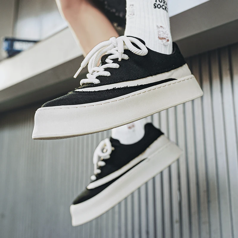 HKDQ Fashion Design Canvas Sneakers Men Black Platform Casual Men's Vulcanize Shoes Summer Breathable Lace-up Leisure Shoes Man