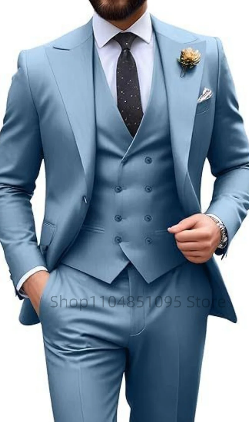 Men's Solid Color Slim Fit Formal Business Suit Wedding 3-Piece Set with Peak Lapel Blazer Vest And Trousers for Party Prom