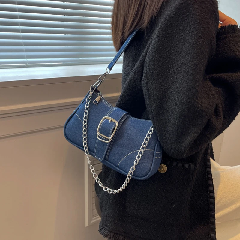 Fashion Denim Underarm Bag Handbags for Women 2024 Designer Luxury Shoulder Bags Y2K Female Small Chains Brand Crossbody Bags