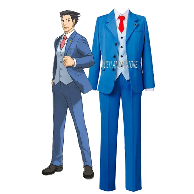 Gyakuten Saiban Ace Attorney Phoenix Wright Cosplay Costume Blue Lawyer  Suit Ti
