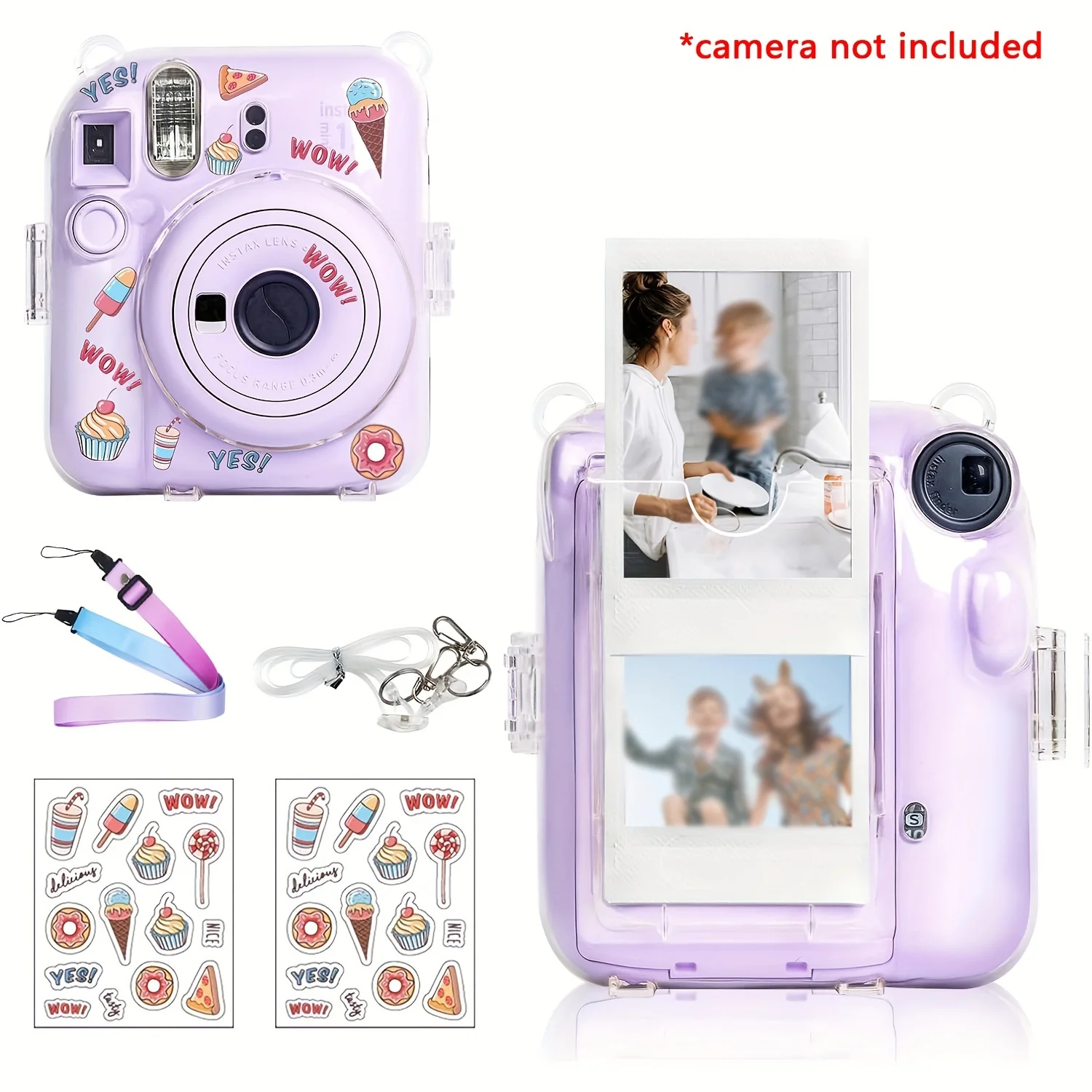 5-piece set for Fujifilm Instax Mini 12 camera, protective case + sticker + shoulder strap, can hold 10 films on the back