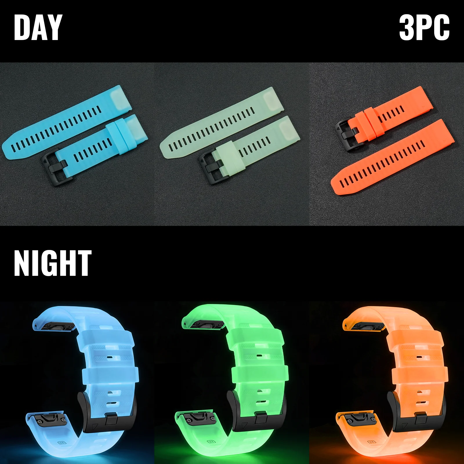 Luminous Silicone Watch Strap Set - 3 Pieces, 22/26mm, Premium Alternative Wristband