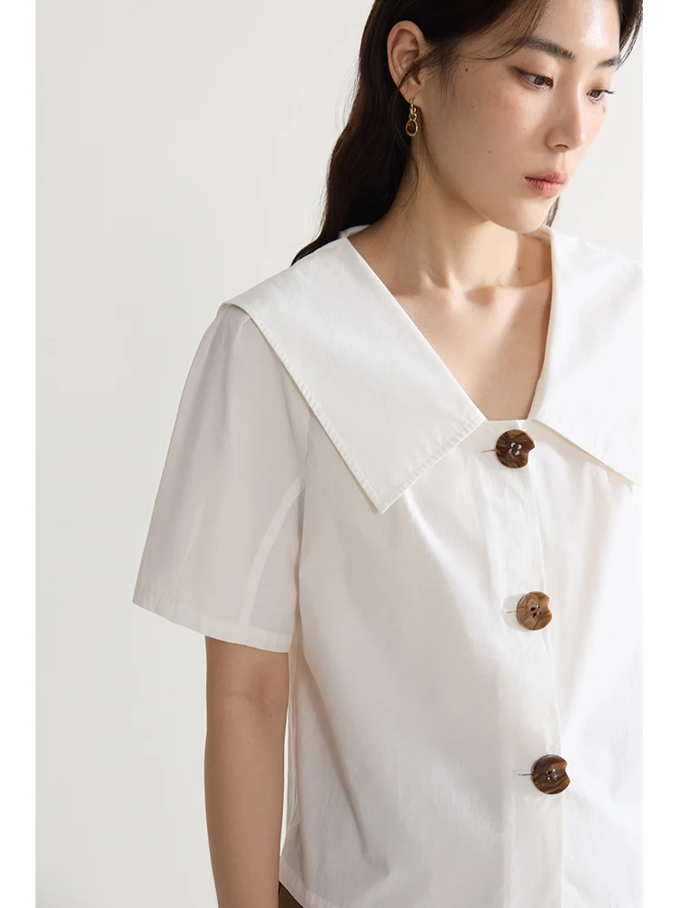 DUSHU French Retro Versatile Commuter Lapel Shirt For Women 2024 Summer New Simple Design Short-sleeved Tops 24DS82374