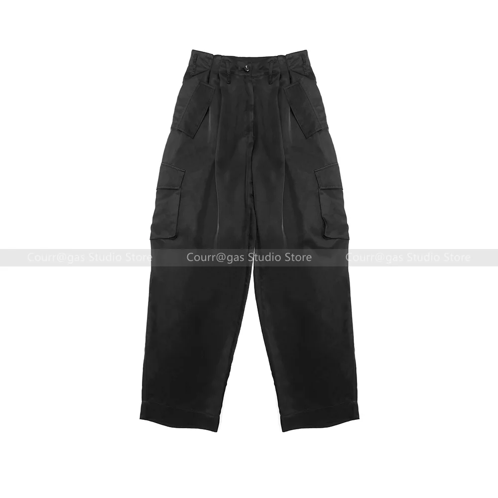 

American niche lightweight three-dimensional large pockets pleated high-waisted work style casual wide-leg trousers