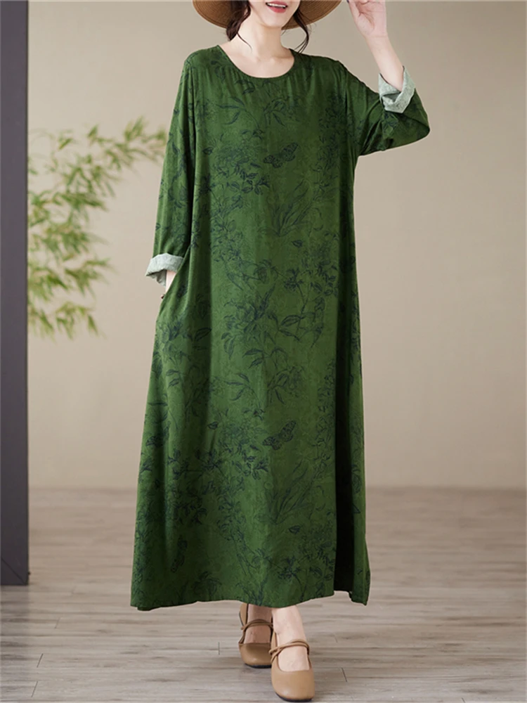 Spring Autumn Cotton Vintage Print Long Sleeve Dresses For Women Casual Loose Dress Office Lady Work Femme Robe Vestidos Clothes