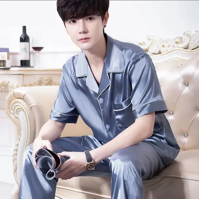 Short Men Silk Summer Satin Pyjama Wear For Pajamas Lounge Pijama Color Home Night Pants Pajama Set Sleeve Male Suit Men's Solid