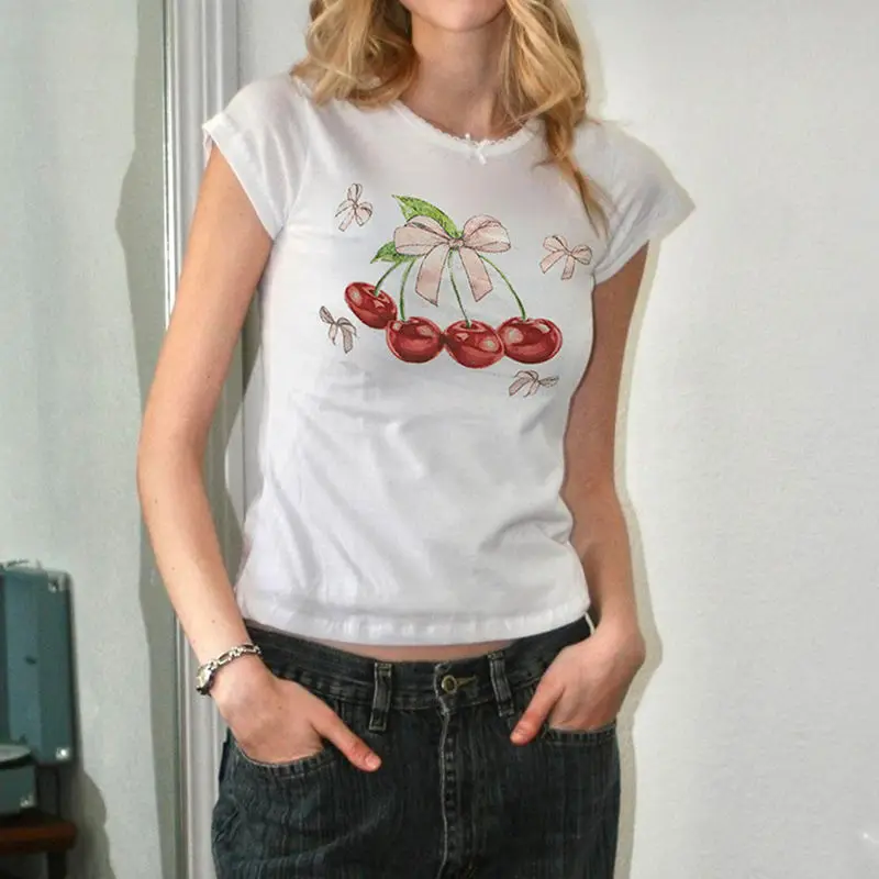 

New Women T Shirt Cute Cherry Print Lace Crew Neck T-Shirt Summer Casual Short Sleeve Top Women