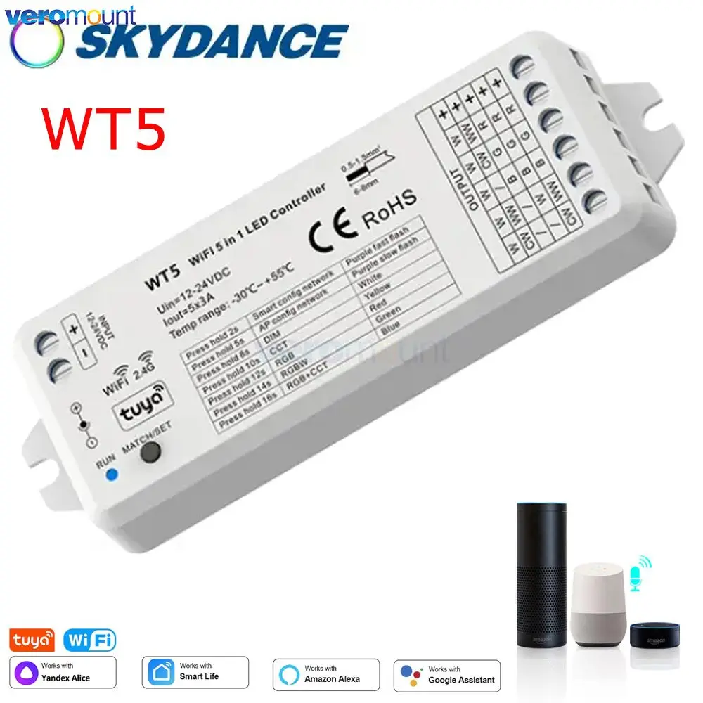 

Skydance WT5 5 in 1 LED Strip Controller 12V 24VDC Tuya Smart Life WiFi 2.4G RF Remote Control for DIM RGB CCT RGBW RGBCCT Strip