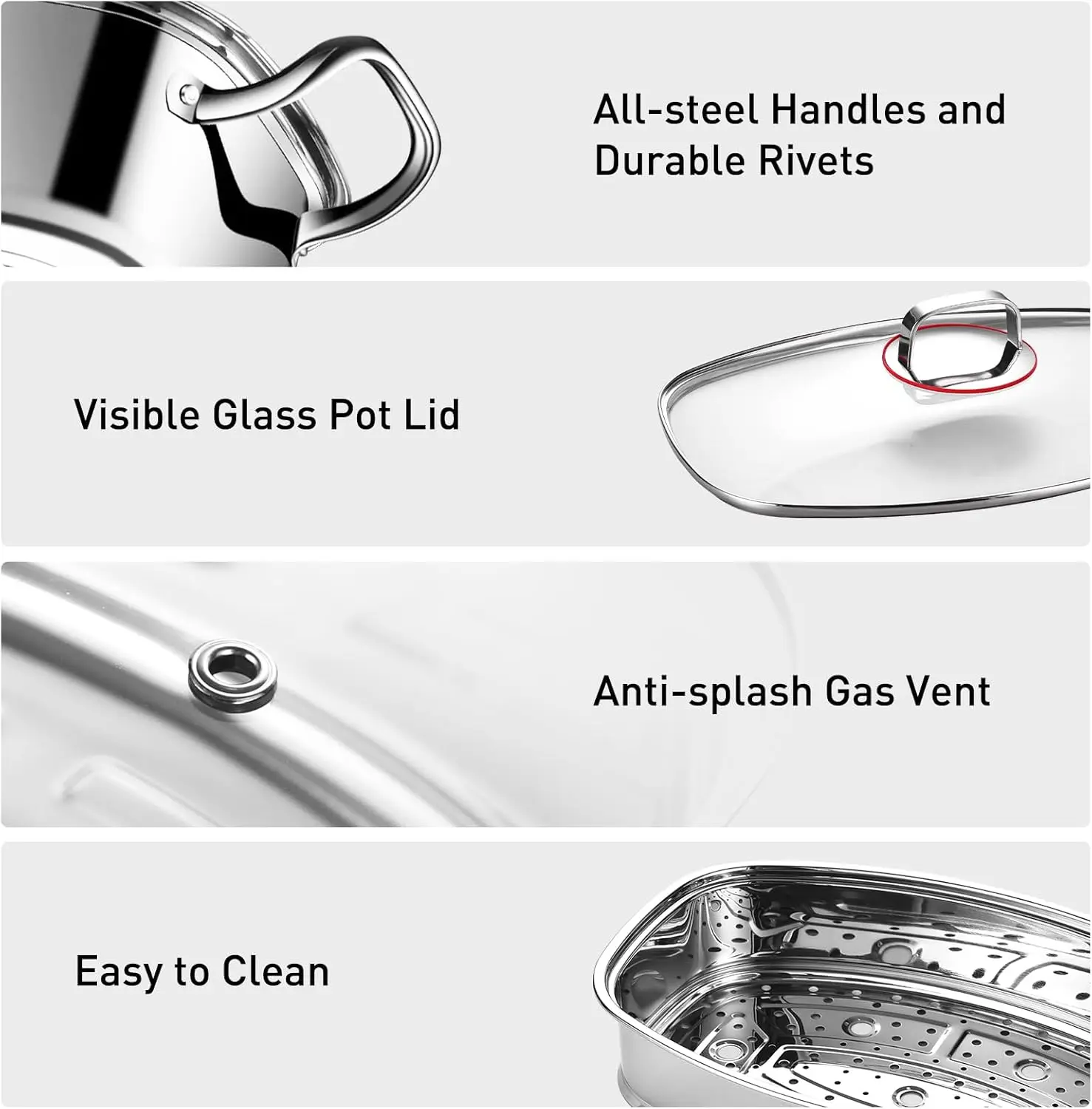 2-Tier Stainless Steel Fish Steamer - Multi-Use Square Steaming Cookware with Rack, Ceramic Plate, Chuck, Oven Mitts - Stockpot