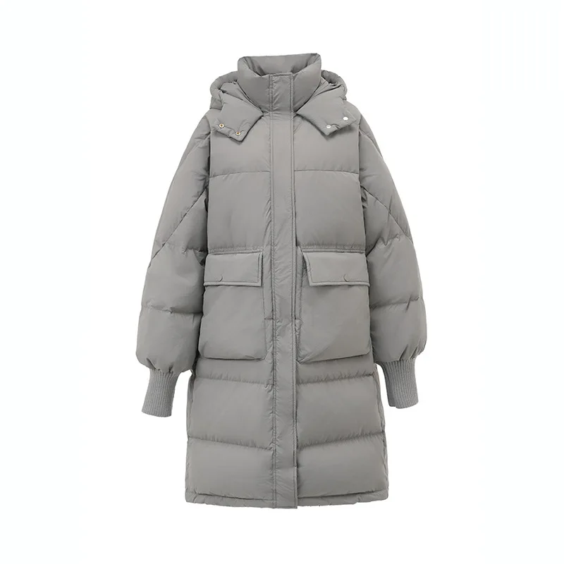

2023 New down Jacket Women's Mid-Length Thread Sleeve Loose Fashion Simple Hooded Thickened Jacket