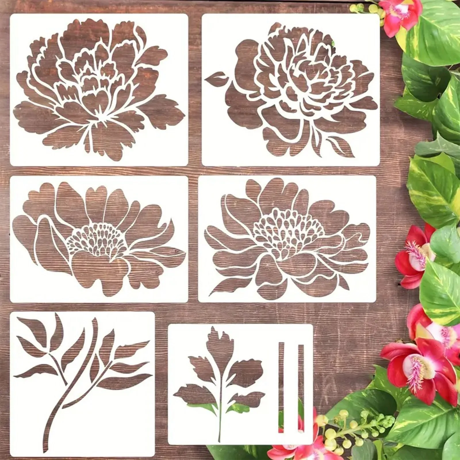 Single Rose Leaves Stencil - 8.5x11 Inch Reusable Clear Plastic Craft Template
