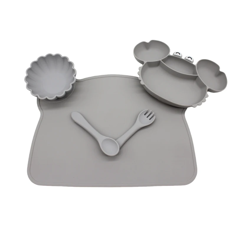 Crab compartment plate children's tableware set with meal bib eating training bowl soft silicone baby autonomous 3