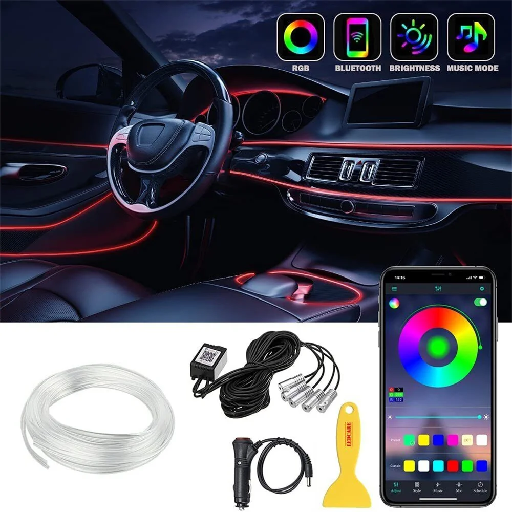 

6M LED Car Interior Ambient Strip Lights RGB Fiber Optic Atmosphere Neon Lighting Kit APP Remote Control Auto Decorative Lamps