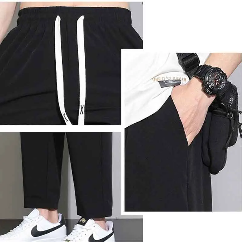 Korean Trend Summer Casual Pants Men Ice Silk Solid Quick Dry Elastic Waist Drawstring Versatile Straight Ankle Length Trousers