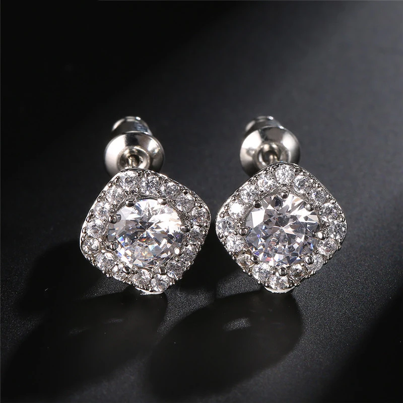 ZAKOL Classic White Square CZ Stud Earrings For Women Exquisite Round Cubic Zirconia Crystal Ear Jewelry Gift