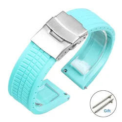Silicone Sport Watch Strap - Soft Rubber Wristband - Rose Gold Buckle (Light Blue)