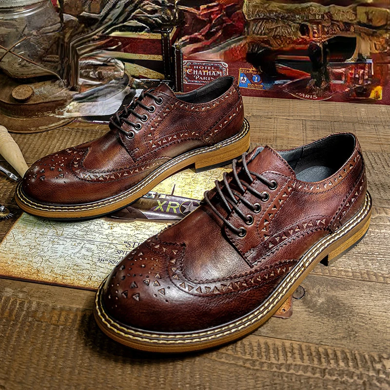 

Vintage Men's Genuine Leather Brogues Dress Shoes Luxury Brand Handmade Fashion British Style Autumn Wedding Social Shoes Man