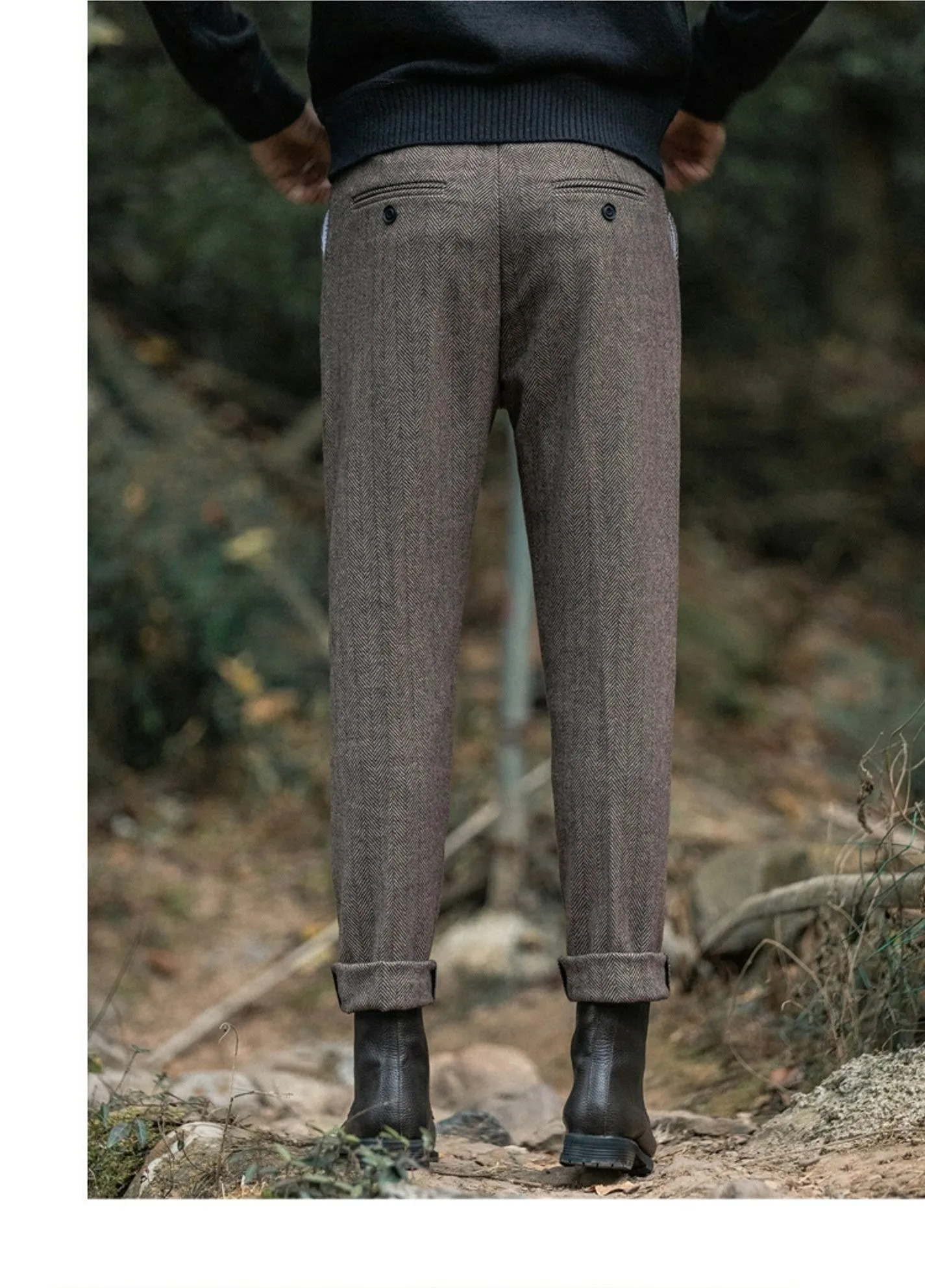Herrenhose aus Wolle für Herbst und Winter, großes Fischgrätenmuster, britische Retro-amerikanische Freizeithose aus Haremwolle mit geradem Bein – Detail 9