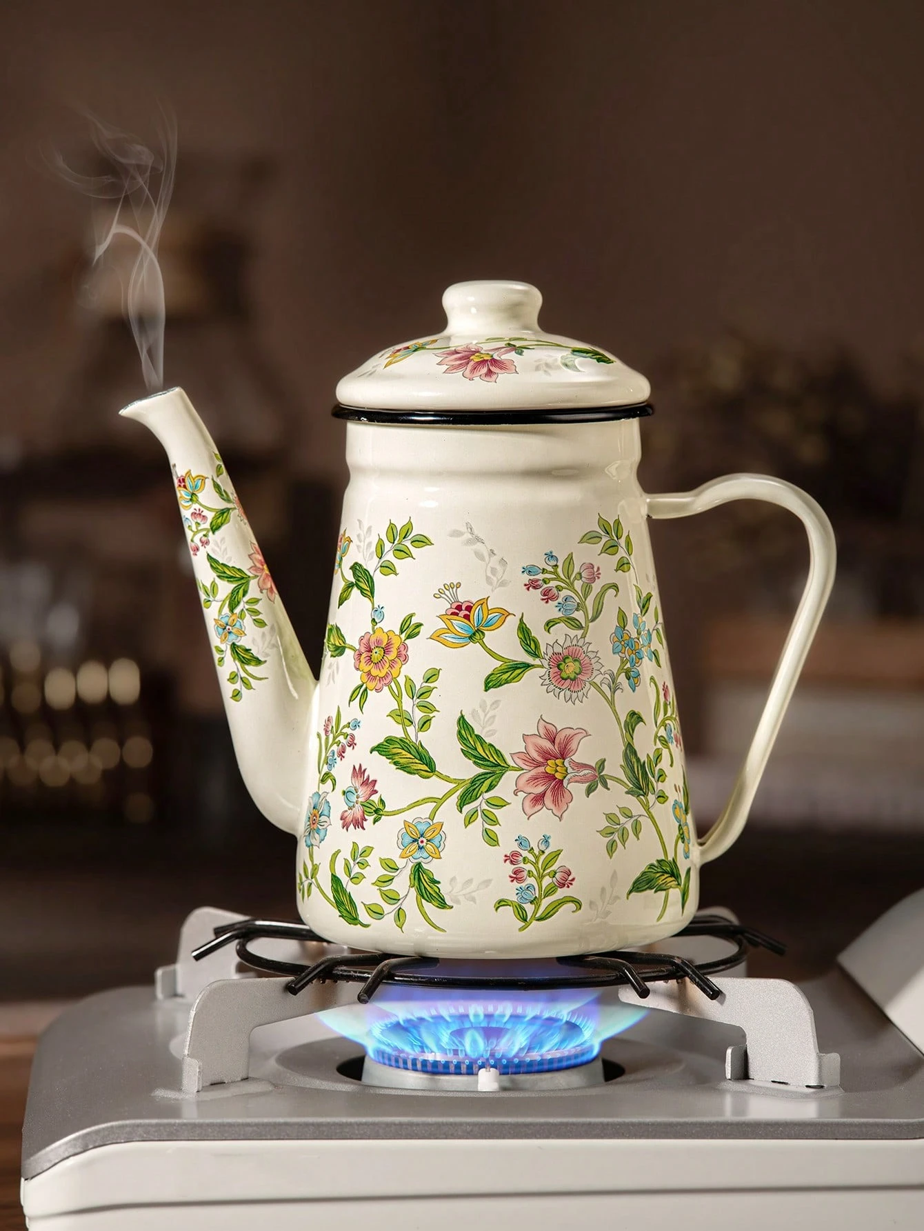 إبريق قهوة عتيق مزين بالزهور بسعة 1.1 لتر، غلاية س...