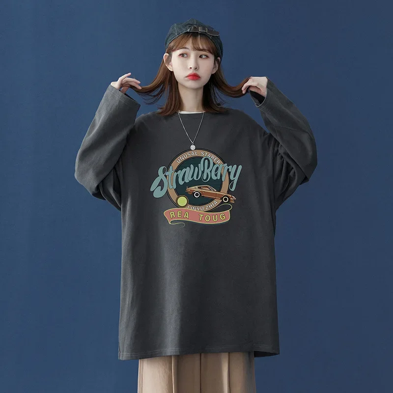 Fashion Letter Printed Loose Casual Pullovers Women Autumn Winter O-Neck Cotton Sweatshirts Leisure Straight Long Sleeve Tops
