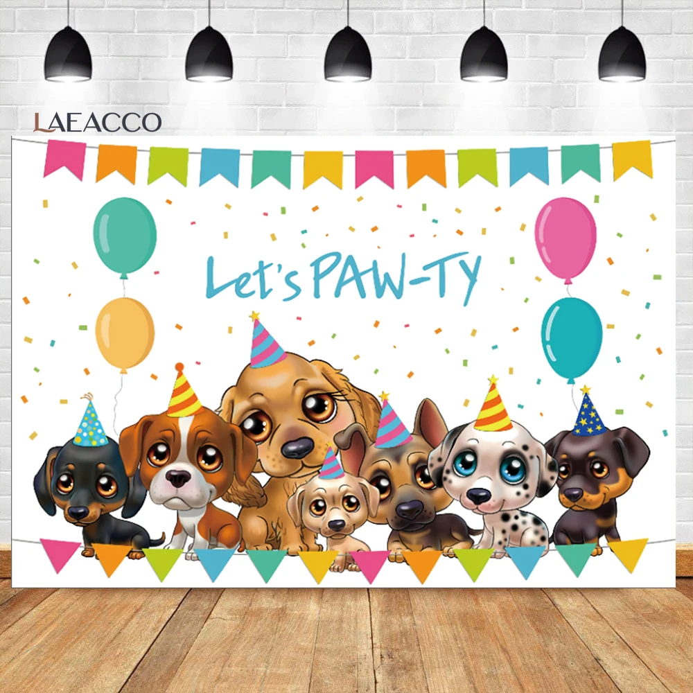 

Laeacco Cartoon Dog Backdrop Let's Paw-ty Doggy Pet Balloons Kid Birthday Baby Shower Portrait Customized Photography Background