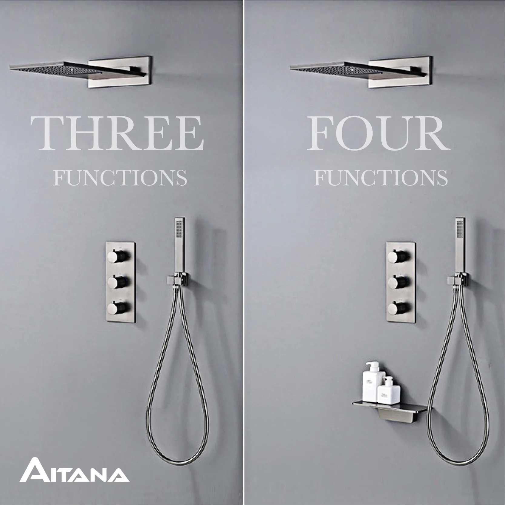 

Luxury gun gray brass shower system with concealed design Three handles Dual control of hot and cold 4-function bathroom faucet