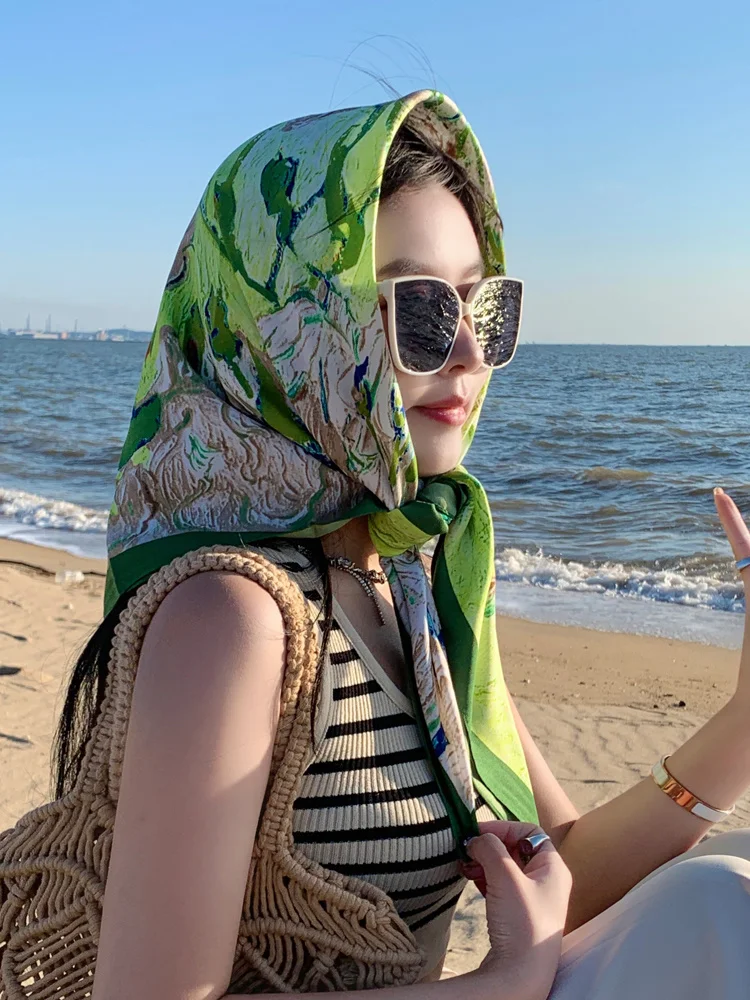 

90cm square silk scarves sunscreen shawls Women's Headscarf Summer Turban Headwear Bandana Beanie Hat for Cancer Chemo Hair Loss