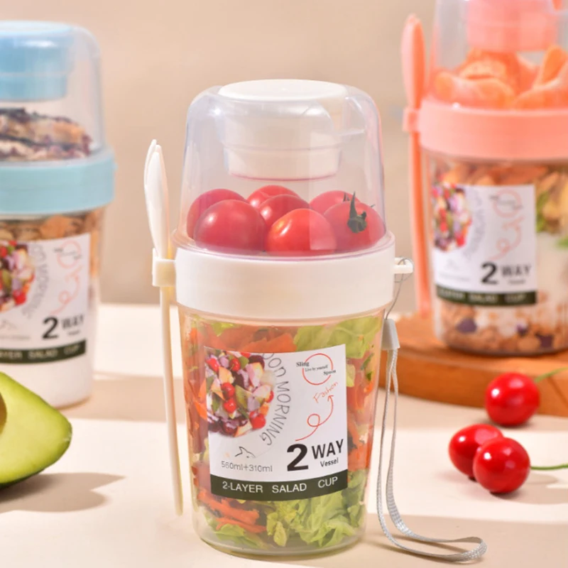 Portable Double-Layer Salad Cup Oatmeal Cereal Nut Yogurt Salad Cup Container Set Fork School Lunch Box Food Storage Box