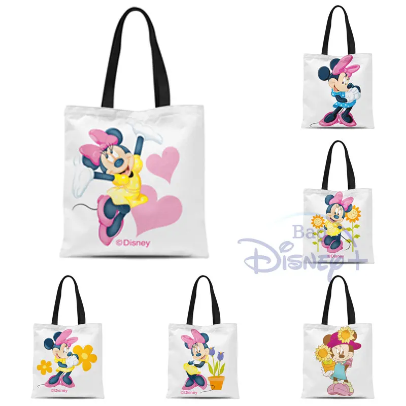 

Disney Minnie Mouse Shoulder Bags Printed Handbag Shopping Tote Canvas Reusable Pretty Eco Portable High Capacity Beach Bags