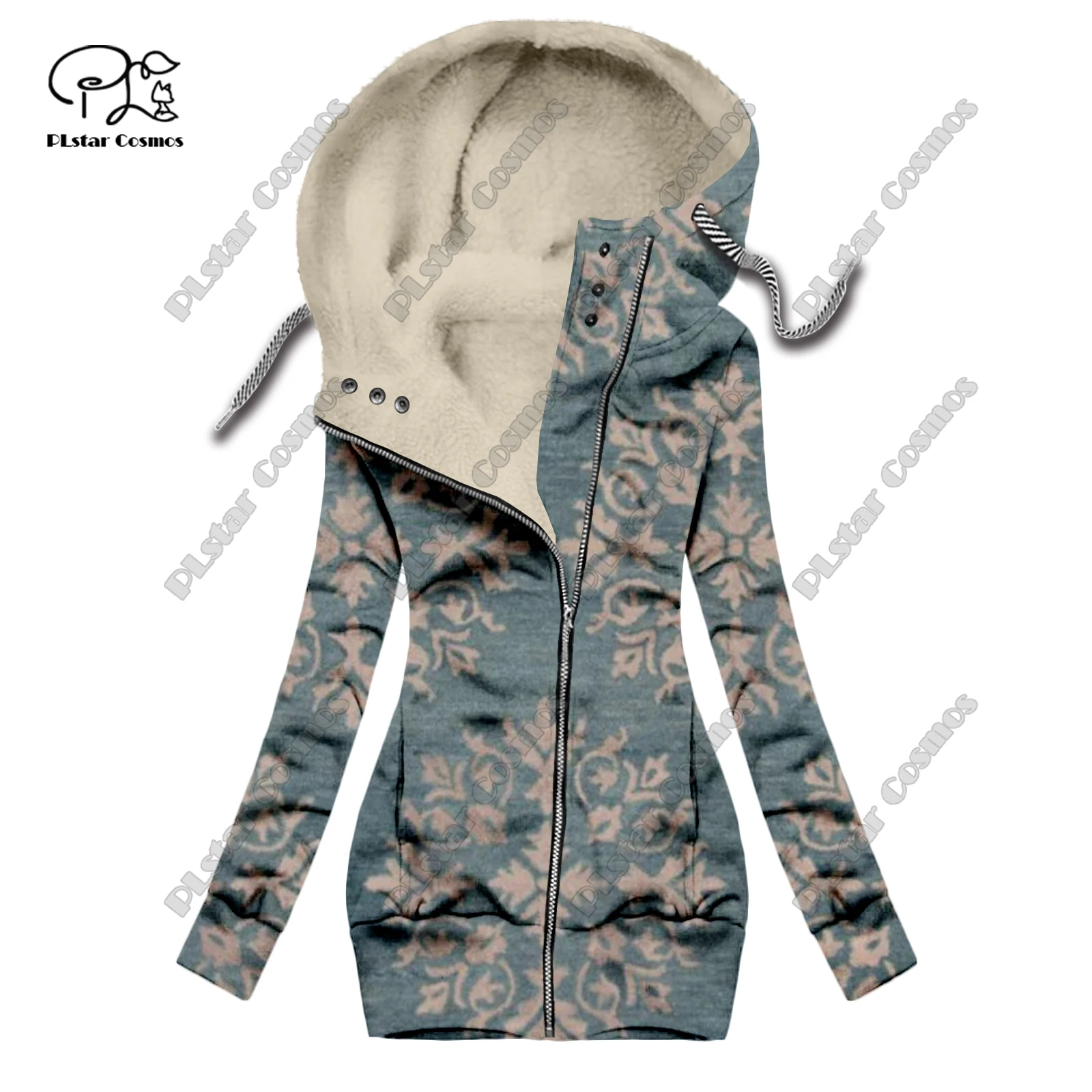 New 3D printing retro series carpet print pattern plus velvet warm women's long zipper hoodie jacket commuting casual winter F-8