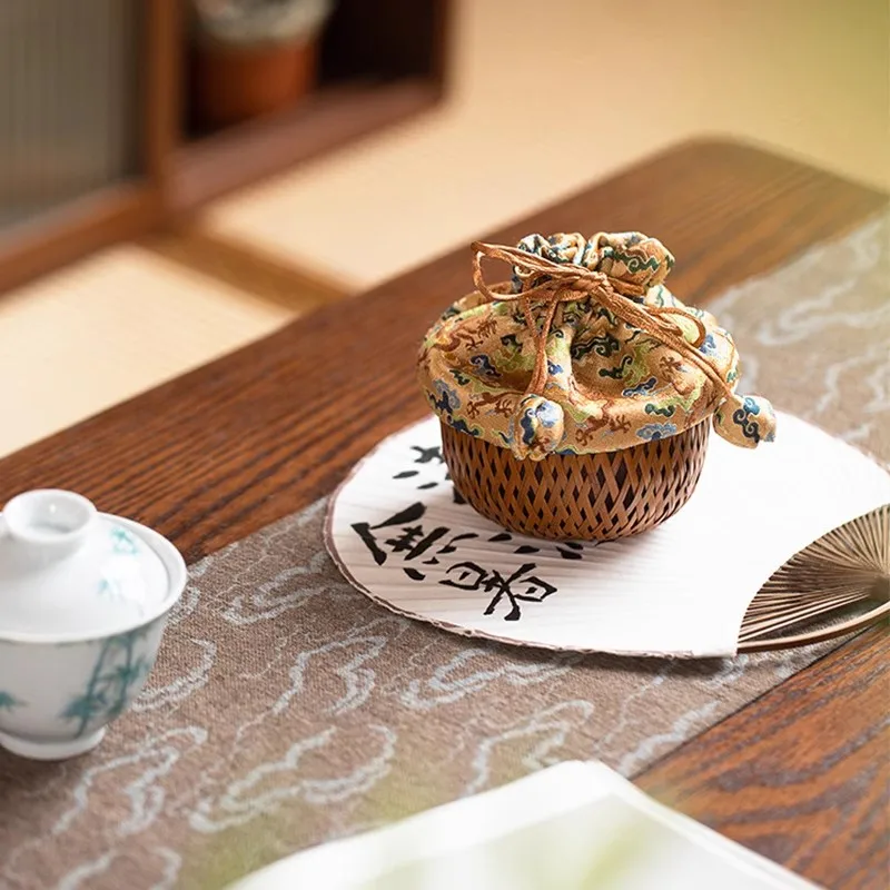 Chinese Style Handwoven Bamboo Tea Set Storage Bag - Portable Travel Case for Gaiwan/Cups, Drawstring Tea Accessories Pouch