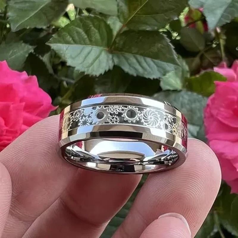 Stainless Steel Ring Men Steampunk Gear Wheel Inlay Carbon Fiber Rock Punk Wedding Band Jewelry