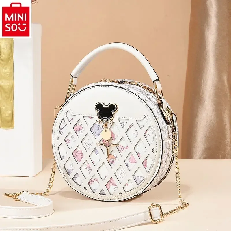 MINISO Disney Mickey Fashion Small Round Bag Women's High Quality PU Multi functional Storage Crossbody Bag