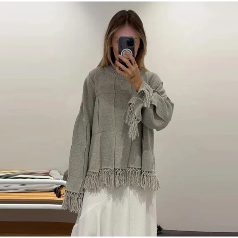 Vintage Solid Pleated Tassel Sweaters Women Casual Loose Knitted Pullover Sweater Female Autumn Chic Elegant High Street Tops