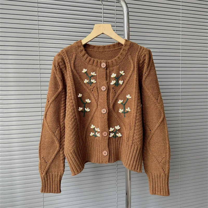 

knitwear top sweater cardigans for women winter floral embroidery gentle jacket jumpers white crop tops 여성 반팔 니트