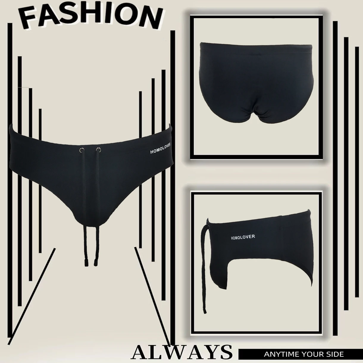 2023 Men's Swimwear Fashion Triangle Swim Trunks Summer Black Swimsuit Low Waist Bikini Panties Quick-Drying Push Pad Briefs 3