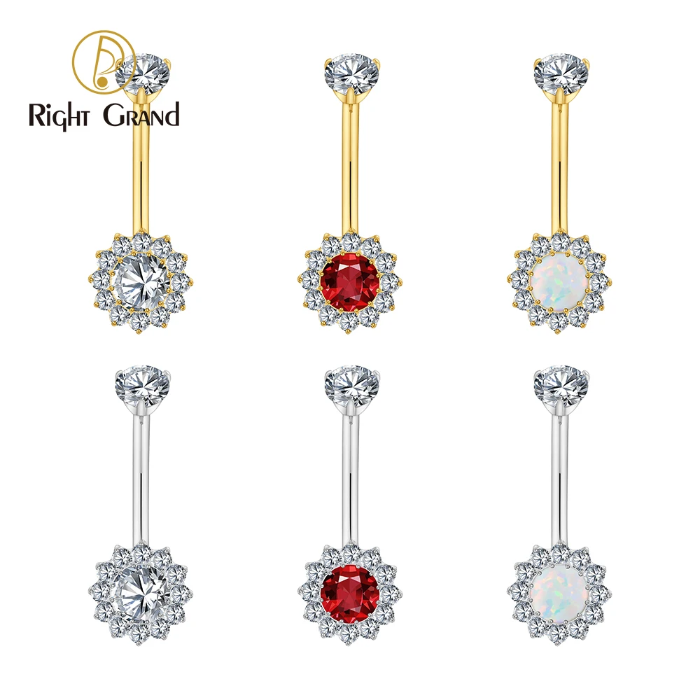 Right Grand ASTM F136 티타늄 라운드 CZ 헤일로 배꼽 링 14G 고급 오팔 가넷 CZ 배꼽 링 바디 피어싱 쥬얼리