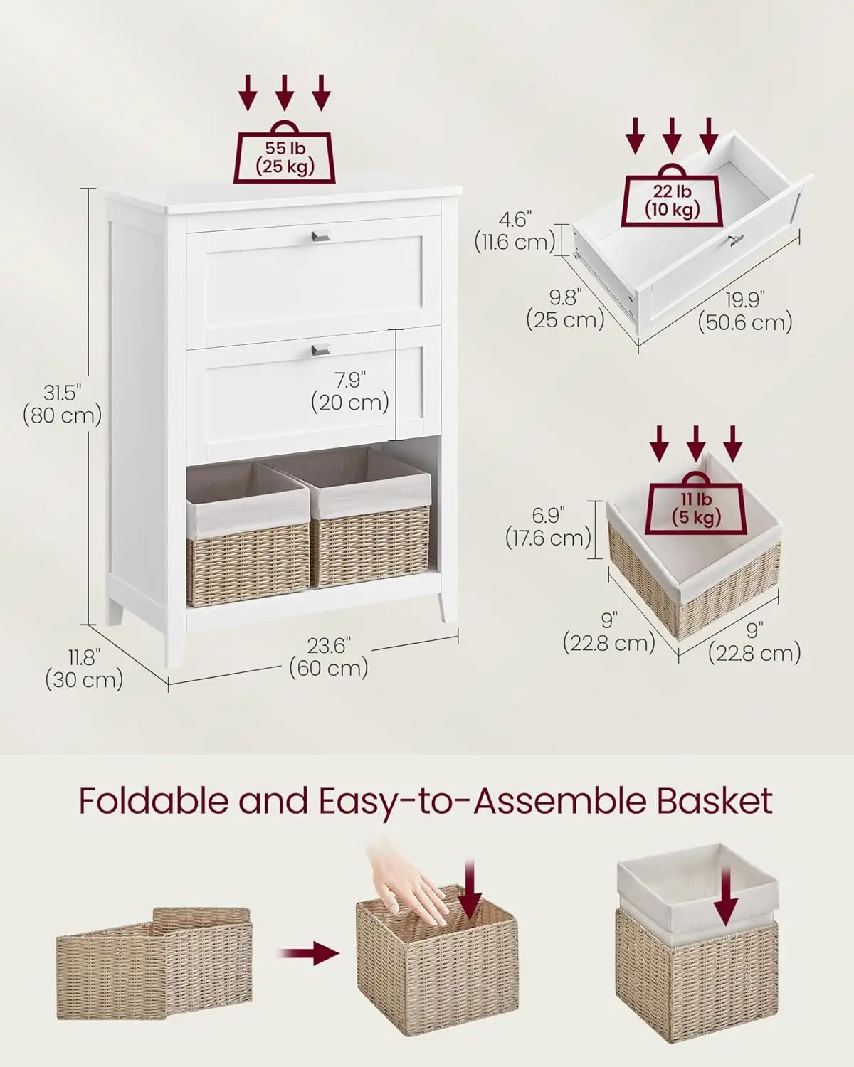 Bathroom Cabinet Storage Cabinet Bathroom Organizers 2 Drawers 1 Adjustable Divider 2 Baskets Sideboard 11.8 x 23