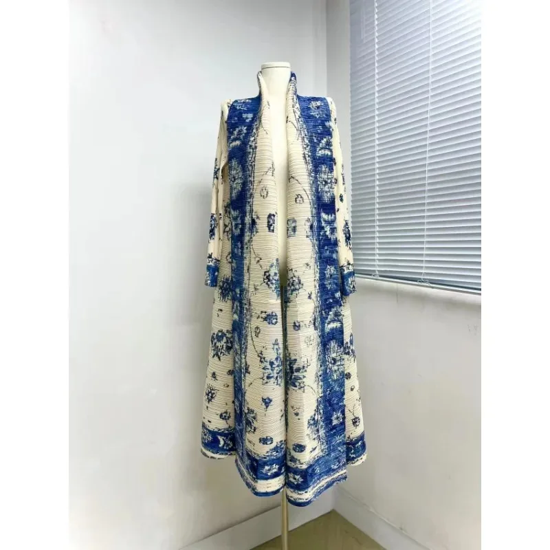 Miyake Pleated Long Sleeve Printed Dress Trench Coat Women 2023 Autumn Winter New Original Designer Turndown Collar Belted Coats