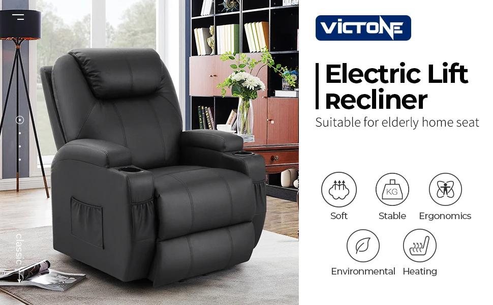 Description Picture 2 of itemElectric Power Lift Recliner Chair for Elderly Reclining Sofa for Living Room with Massage, Side Pockets and Cup Holders (Leathe