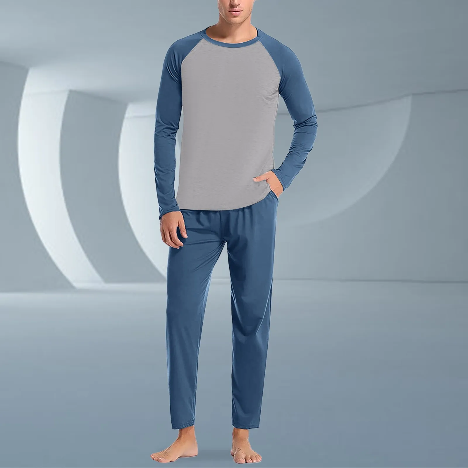 Mens Four Seasons Soft Home Solid Color Shirt Pants Pajama Set Home Service Two Piece Set pyjama nightwear sleeping pijamas