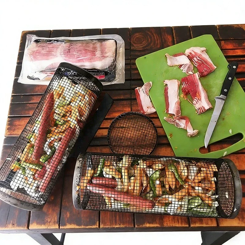 스테인리스 스틸 실린더 롤링 그릴 바스켓 휴대용 원형 바베큐 랙 와이어 메쉬 바베큐 그레이트 야외 캠핑 피크닉용